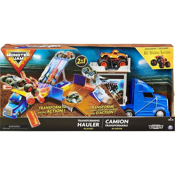 Juego oficial Monster Jam 2 en 1 de Transforming Hauler con juguete Monster Truck El Toro Loco 1:64