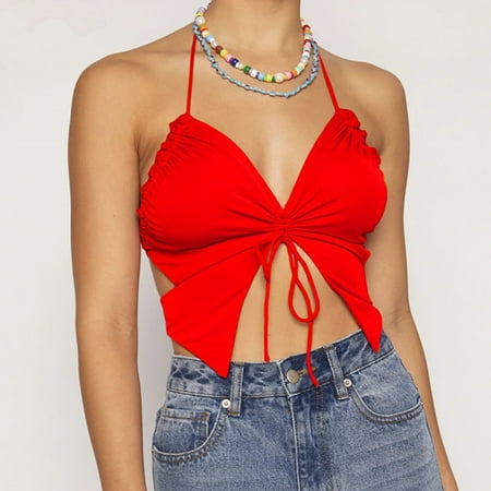 

Hanas Women s Sexy Butterfly Design V-neck Low Cut Corset Lace-up Slim Small Vest Suspender Red XL