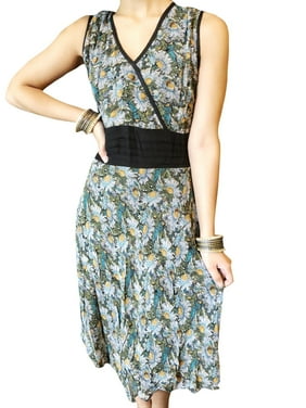 Mogul Women Midi Floral Dress,Green Printed Flare Sleeveless Boho Beach Fashion Summer Dresses M