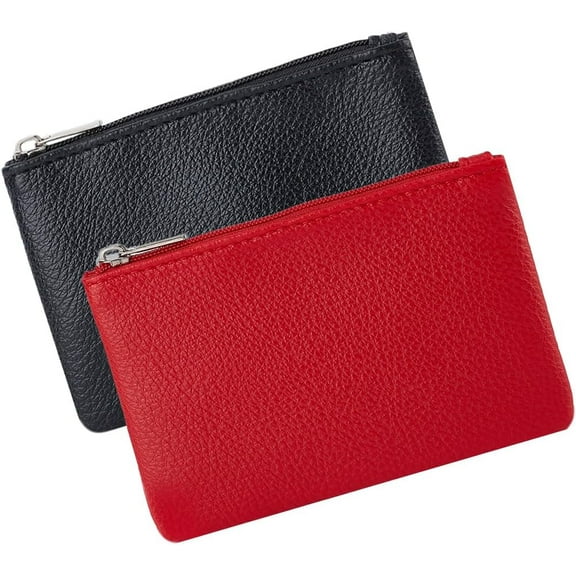 2 Colors Small Coin Purse PU Leather Black Red Rhombus Zipper Pouches Portable Zip Change Wallet Purse Pocket Bag with Keychain for Women Ladies Card Key Headset Lipstick