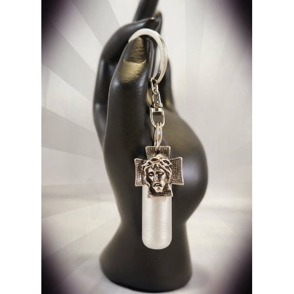 Brushed Silver Cremation Urn with Jesus/Cross on Swivel Stainless Steel Keychain - Includes Velvet Pouch & Fill Kit