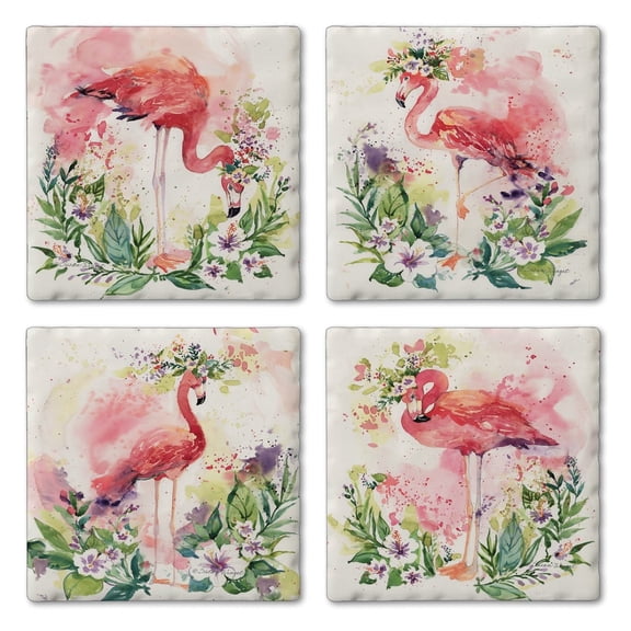 Thirstystone Summer Flamingos 4-Pack Assorted Tumbled Tile Coasters