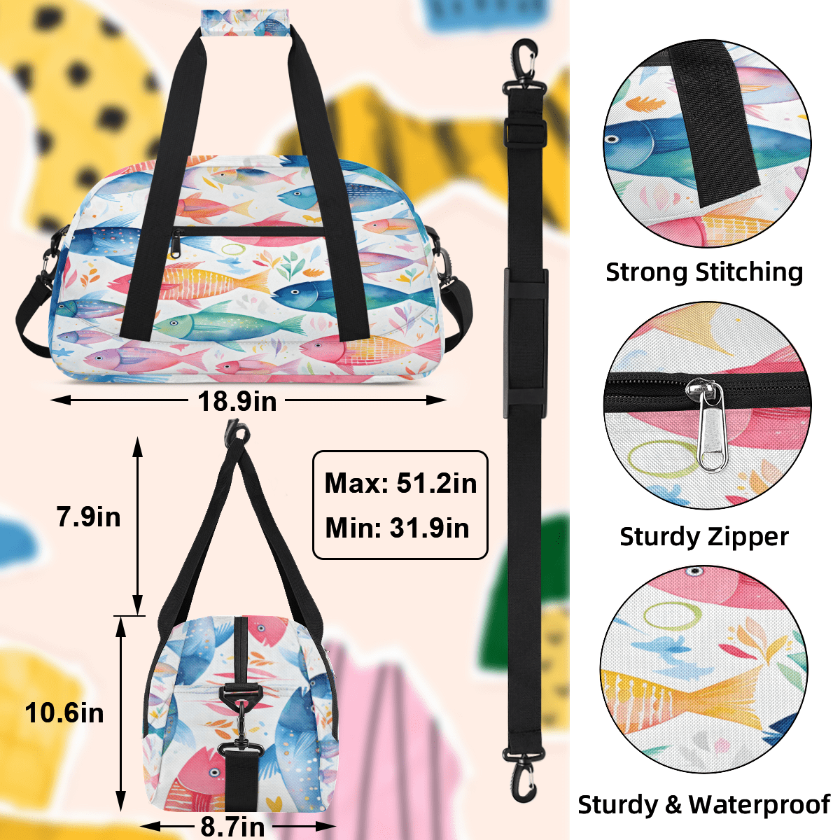 Herdesigns Colorful Fish Sports Duffle Bag for Women & Men, Ocean Fish Gym Bag Dance Bag Overnight Bag Carry On Weekender Travel Bag