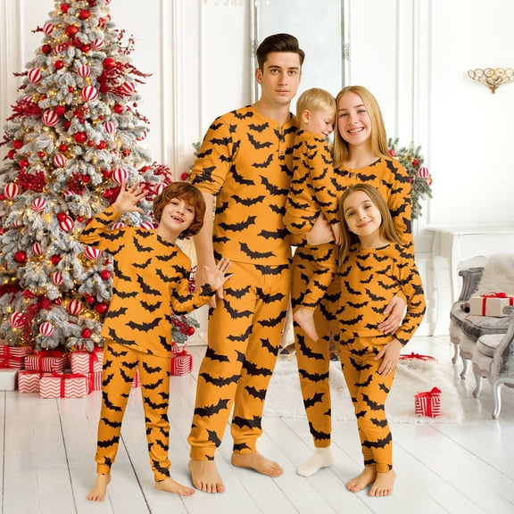Onlypjs Matching Family Halloween Pajamas with Spooky Bat Prints, Ribbed Soft Knit Sleepwear Loungewear Sets for Couples, Women and Men