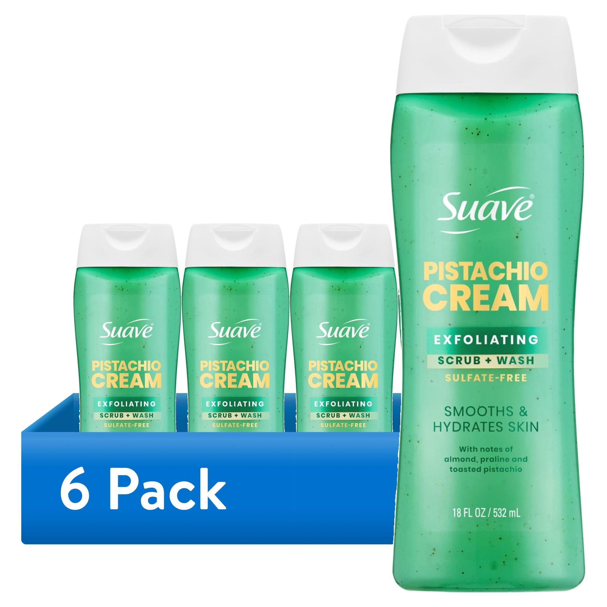 (6 pack) Suave Pistachio Cream Exfoliating Body Wash & Scrub with Glycerin & Vitamin E, Sulfate-Free Hydrating Cleanser for Soft, Smooth Skin, 18 fl oz