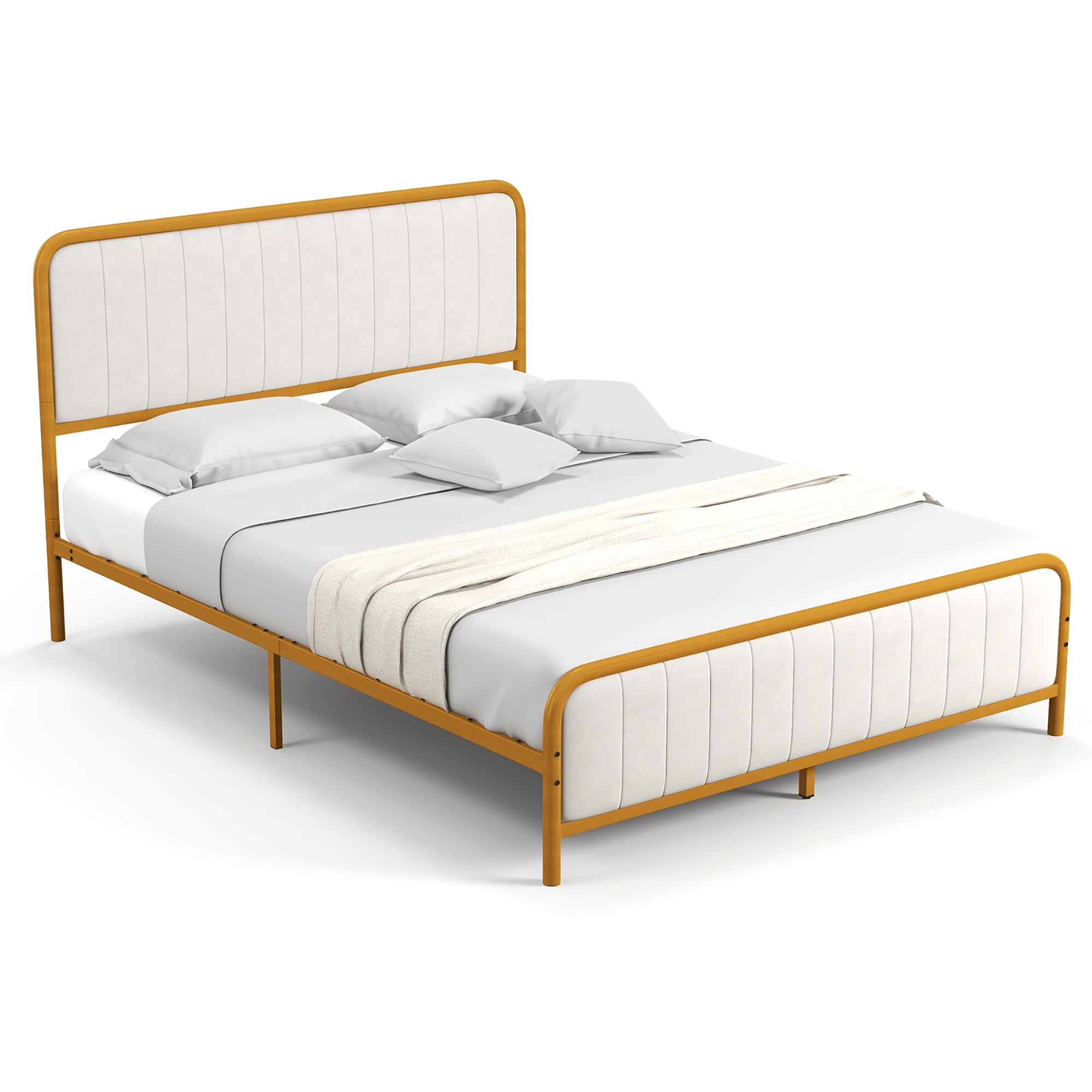 Costway Queen Gold Metal Bed Frame Upholstered Platform Bed with Velvet Headboard