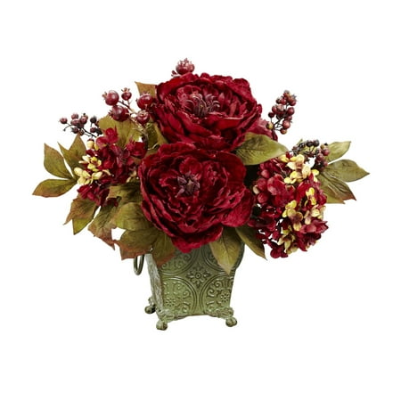 Nearly Natural Peony & Hydrangea Silk Flower Arrangement - Red Nearly Natural Peony & Hydrangea Silk Flower Arrangement - Red The perfect blend of compact size and beautiful holiday color  this red / gold Peony Hydrangea combination will add to the festivities  whether it s displayed in your home or office. The big red blooms  smaller petals  gold-hued leaves  and perky berries make this an arrangement that will look great on any holiday table. Makes a great gift was well. Height: 14    Width: 17    Depth: 14  . Category: Silk Arrangement. Color: Red. Pot Size: W: 6.5 in  H: 6.5 in Brand: Nearly Natural Model Number: 1368-4928Shipping Details