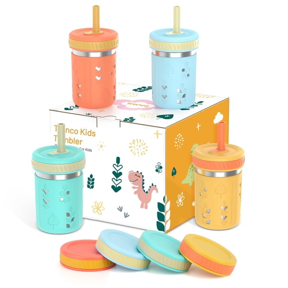 Vasos de acero inoxidable Tronco para niños de 10 oz, paquete de 4, con pajita