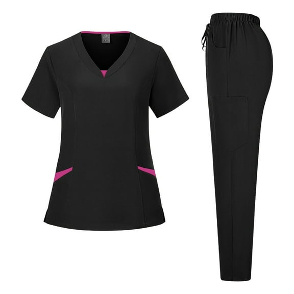 WTOBBY Plus Size Women's Quick-Dry Short Sleeve V-Neck Scrubs Set with Pockets, Solid Color Nursing Uniform, 2-Piece Medical Workwear for Healthcare Professionals,Black L