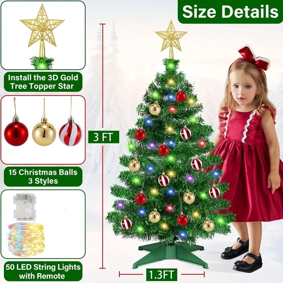3 Ft Christmas Tree with 50 Warm White Lights, 15 Dly Omaments, 3D Star Topper-2 Modes, Best Photobooth Props for Party Events