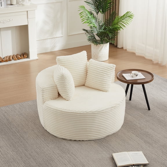 43 Inch Round Corduroy Single Sofa Lounge Chair with 3 Pillows, Spring Coil Filled Compressed Shipment Minimalist Accent Chair for Bedroom Living Room Game Room Lounge