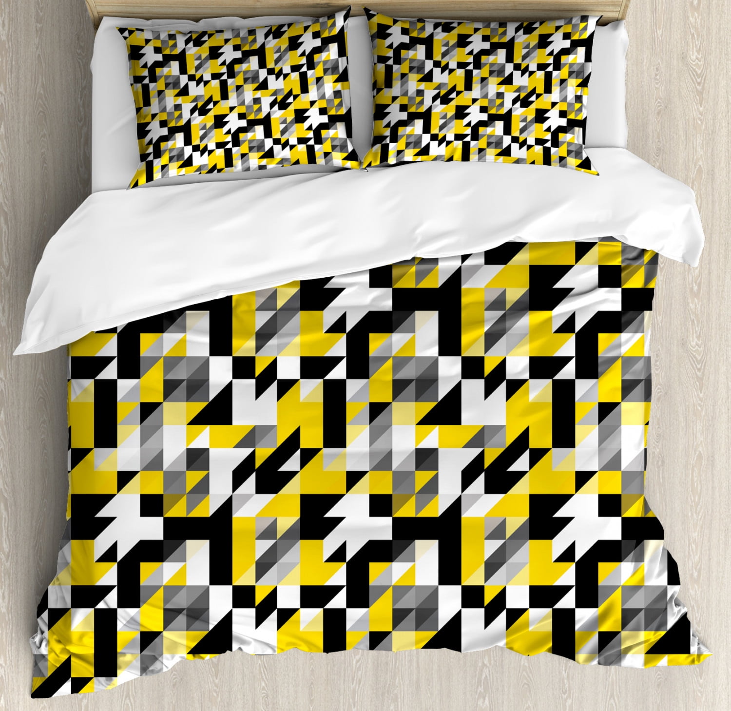Yellow and White Queen Size Duvet Cover Set, Geometric Design with