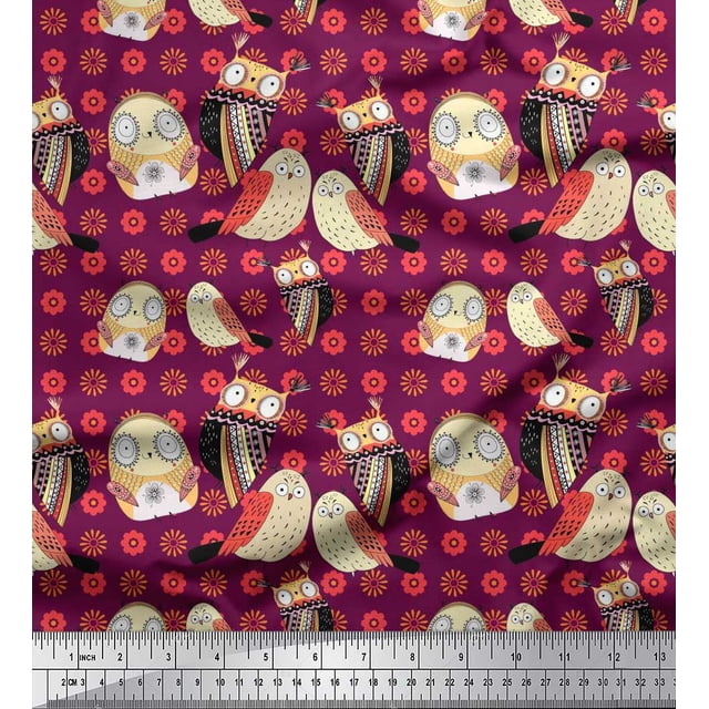 Soimoi Moss Georgette Fabric Floral & Owl Cartoon Print Fabric by The Yard 42 Inch Wide