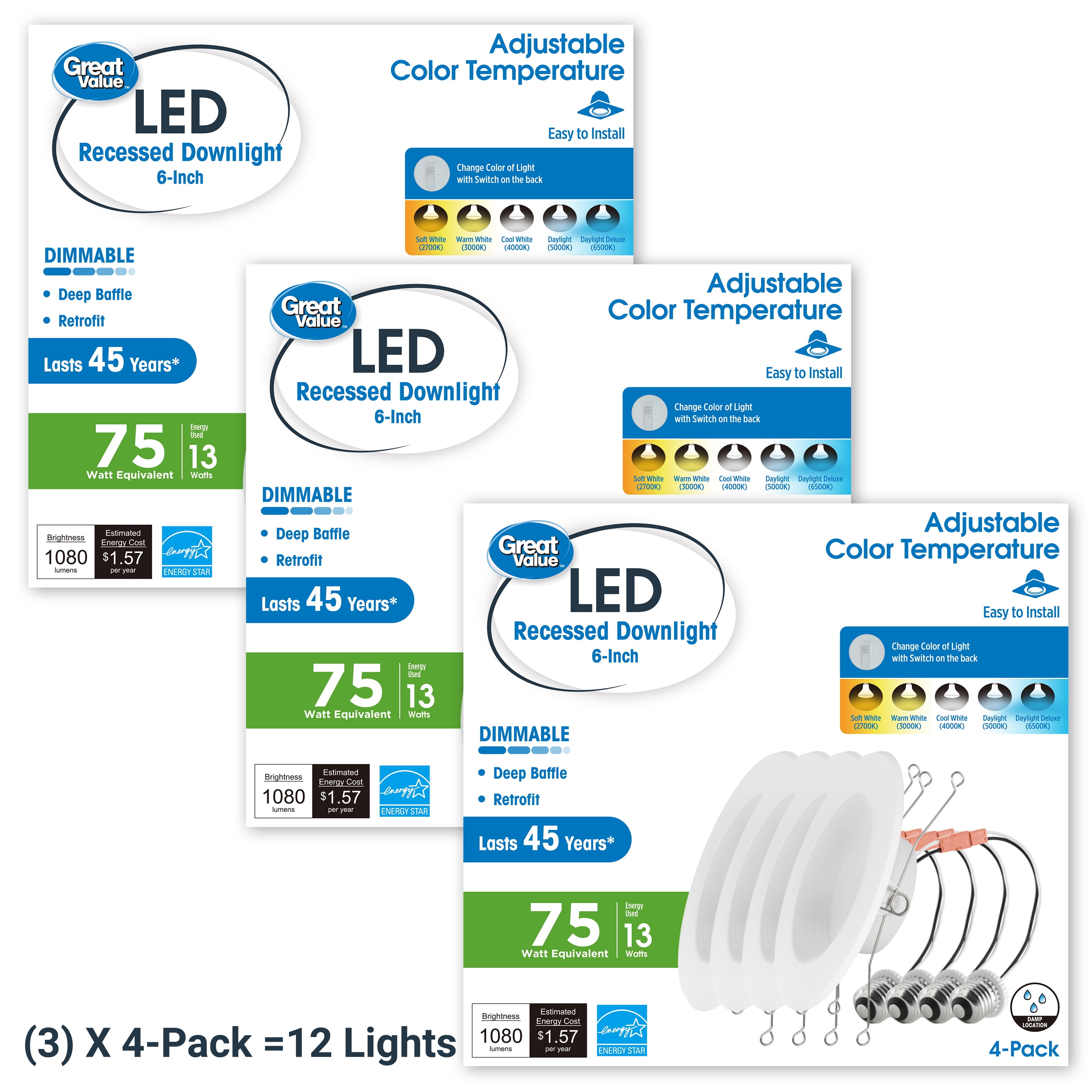 Great Value 6 in LED Retrofit Downlight, 13W, 75W Replacement, 5 Color Temperatures, E26 Medium Base, 12 Count