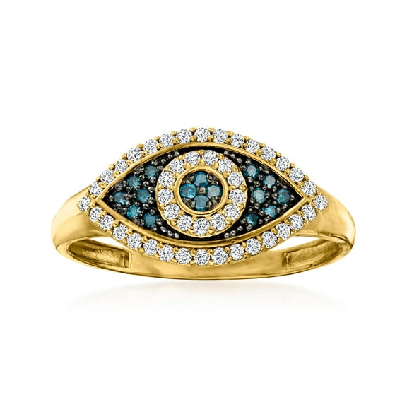 Ross-Simons 0.30 ct. t.w. Blue and White Diamond Evil Eye Ring in 14kt Yellow Gold, Women's, Adult