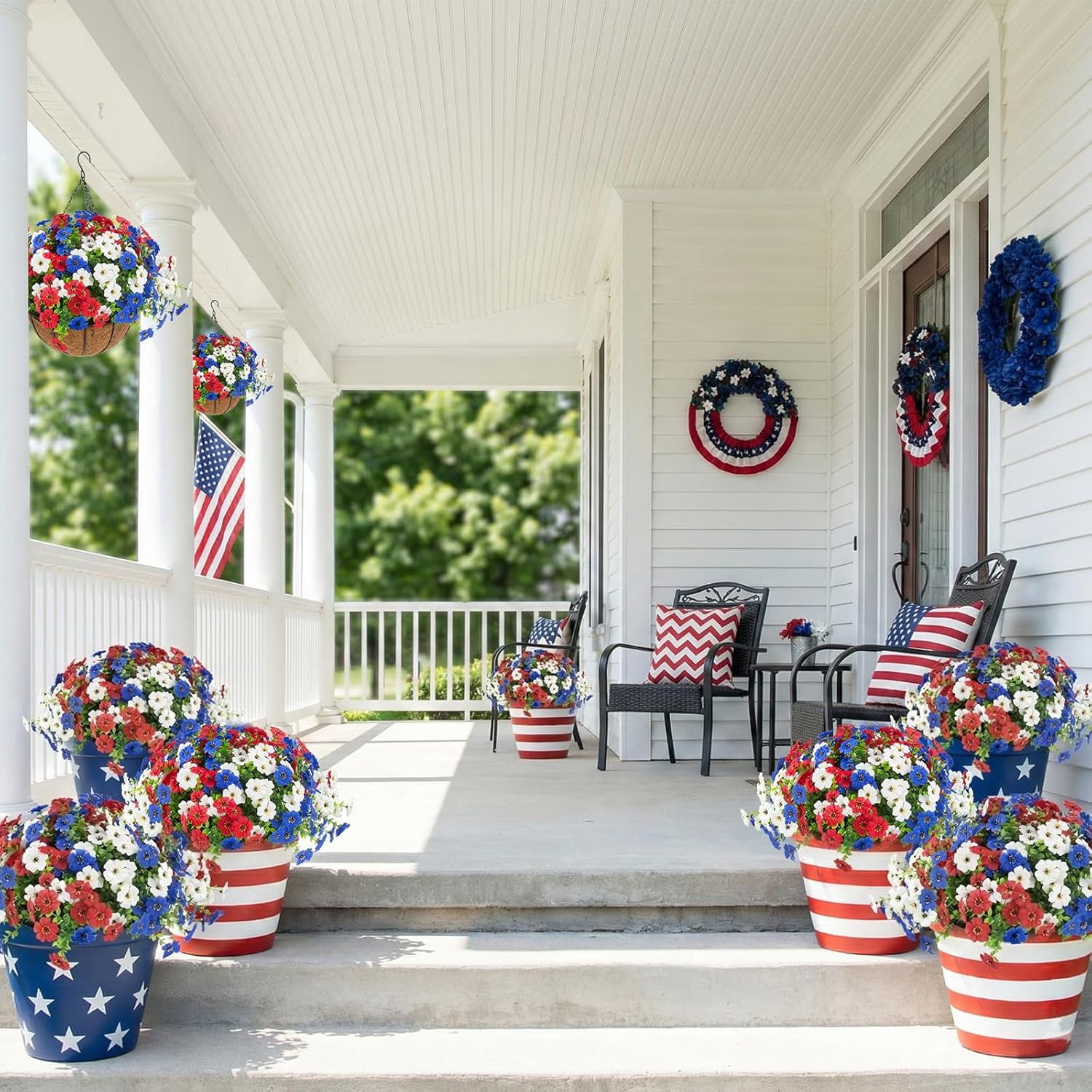 2 Sets Patriotic Artificial Hanging Flowers with Baskets, Red White Blue 4th of July Artificial Flowers, Outdoor Hanging Planter Decor for Front Porch, Patio, Garden Summer Holiday Decoration