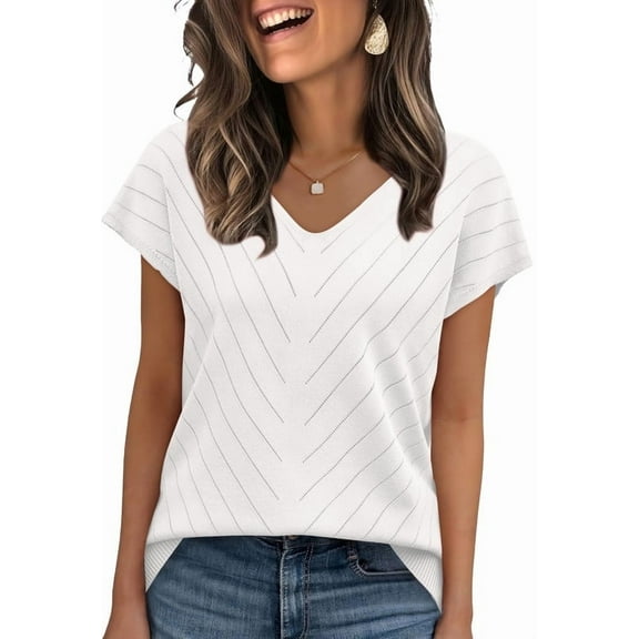 Ronuti Short Sleeve Sweater for Women V Neck Trendy Summer Tops Beach Vacation Clothes Travel Business Casual Outfits