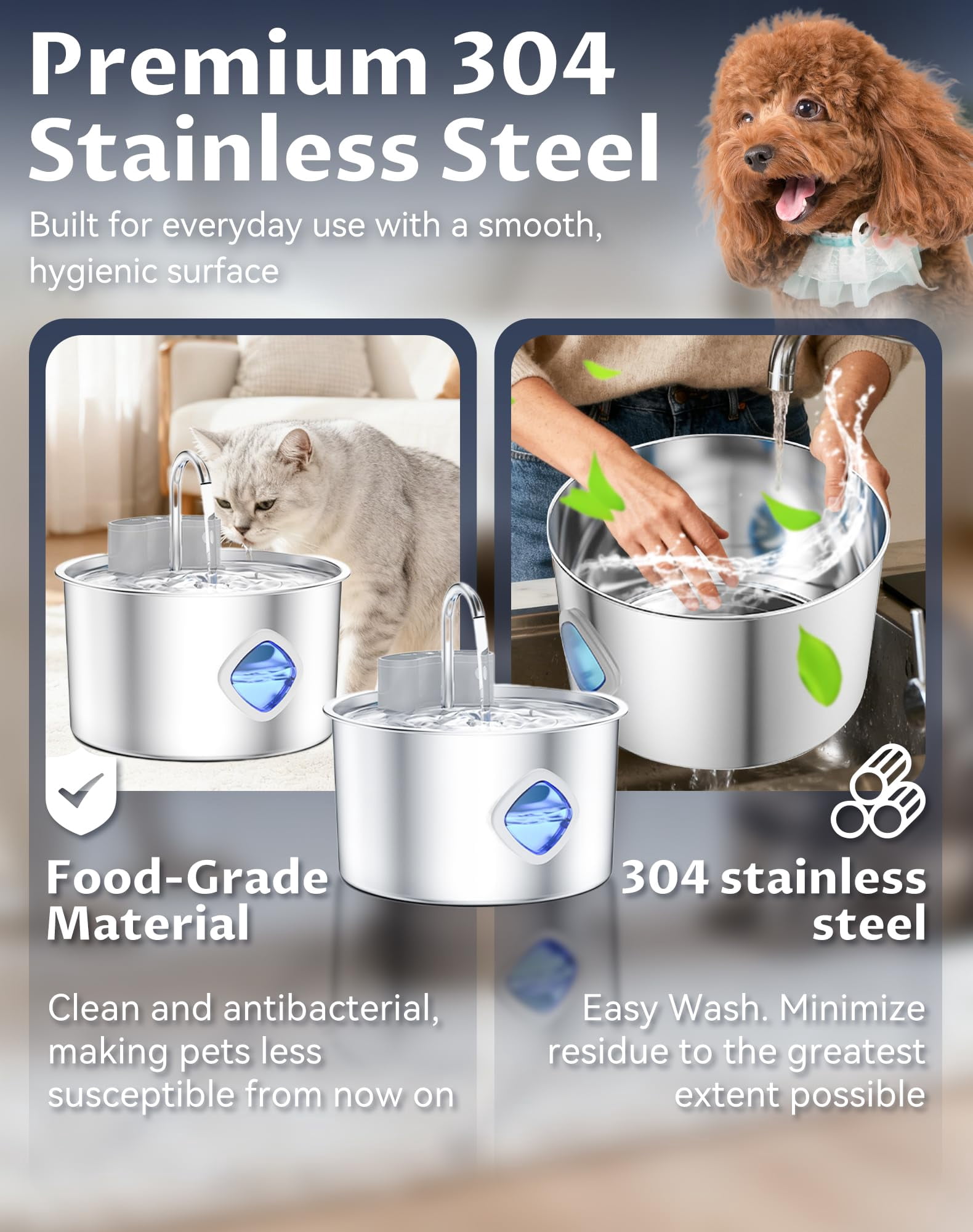 WAAYEE Motion‑Sensor Cordless Dog Water Fountain, 3.2L Rechargeable Pet Water Bowl, 3 Smart Dispensing Modes, Quad Filtration & Continuous Water Flow, Stainless Steel Easy‑to‑Clean, Quiet Pump