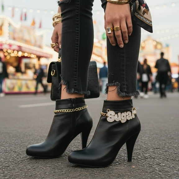 Women’s Gold Boot Chain Bracelet Set – 2PCS SUGAR Charm Shoe Anklet Jewelry Accessory Adjustable Chain Boot Straps for Heels or Ankle Boots BC5