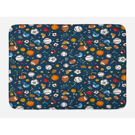 - Sport Bath Mat, Many Basketball Baseball and Football Icons Champ Gloves Dark Background, Non-Slip Plush Mat Bathroom Kitchen Laundry Room Decor, 29.5 X 17.5 Inches, Dark Blue Multicolor, Ambesonne