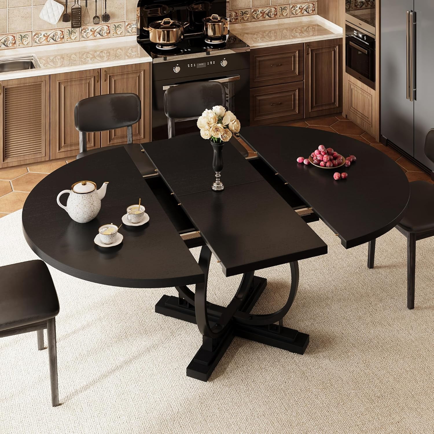 iPormis 59'' Extendable Round Dining Table for 4 to 8, Kitchen Table with Sturdy X-Base Metal Legs, MDF Board , Space Saving, Easy Assembly,Black