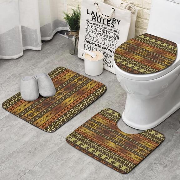 Boho Golden Ethnic Pattern Bathroom Rugs Sets 3 Piece,Toilet Cover Set,Absorbent Non Slip Bathroom Mats Sets with U-Shaped Contour Rug Toilet Rug Set