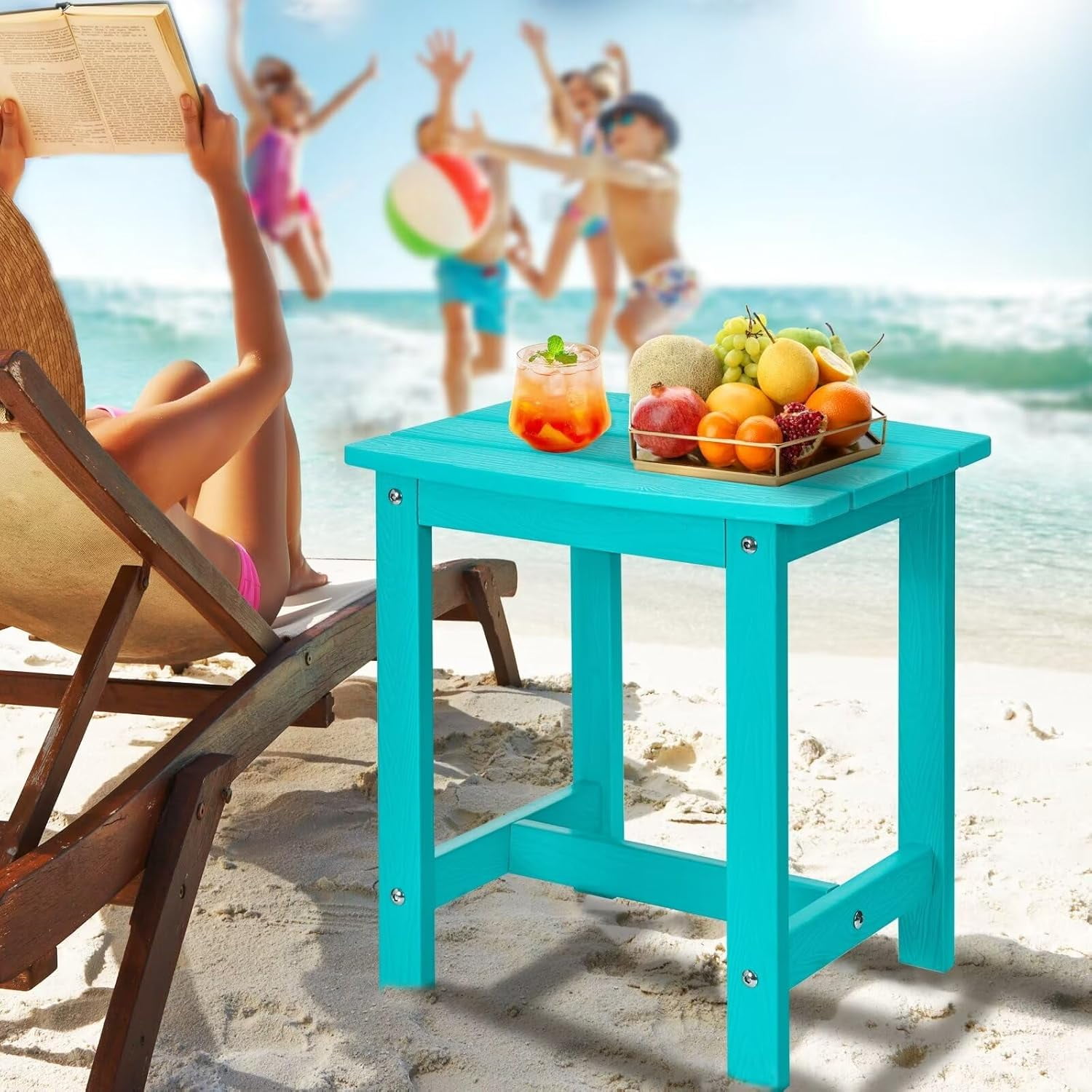 Y&M Outdoor Side Table, HDPE Patio End Table for Adirondack Chair, Weather Resistant Small Accent Table, Aruba Blue, Single Layer