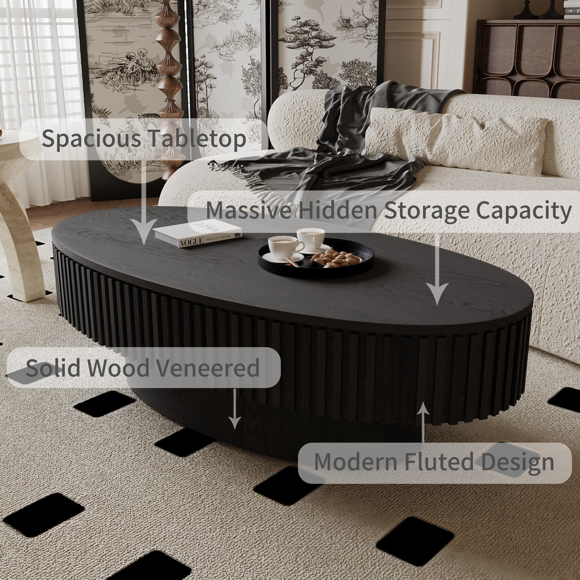 47" Oval Coffee Table with Storage, Fluted Modern Coffee Table with Hidden Storage, Wood Veneer Center Table for Living Room, Black