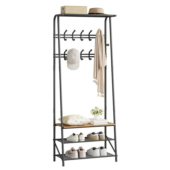 Kojooin Coat Rack Shoe Bench, Metal Frame Multifunctional Hallway Organizer, 4-in-1 Wood Look Accent Furniture for Bathroom, Hallway