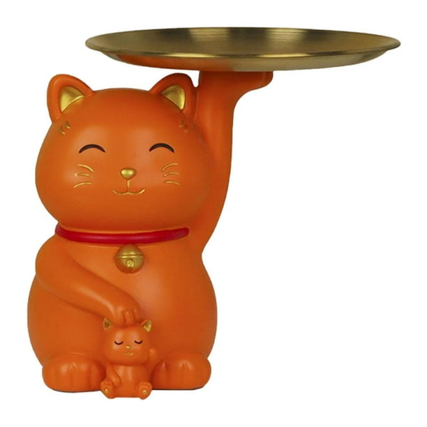 Estatuas creativas de gatos de la suerte, adorable escultura de animal para el hogar, bandeja para guardar aperitivos naranja