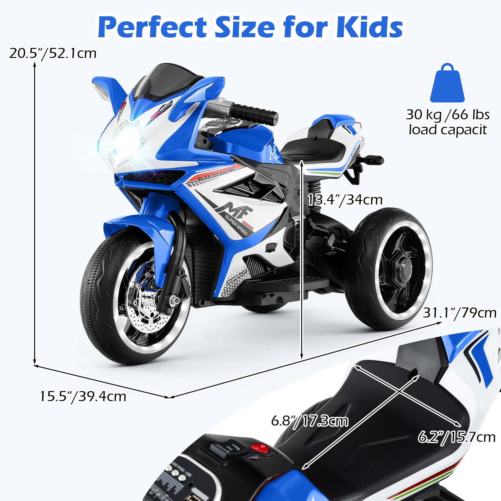 OLAKIDS 6V Kids Motorcycle with Forward & Reverse Switch, Headlight, Wheel Lights, Horn, Music, USB Port, 3-Wheel Ride on Toy for Toddler Aged 3+