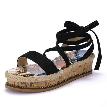 

Gomelly Wedge Sandals for Womens Espadrilles Platform Shoes Lace Up Strap Sandals Black 7