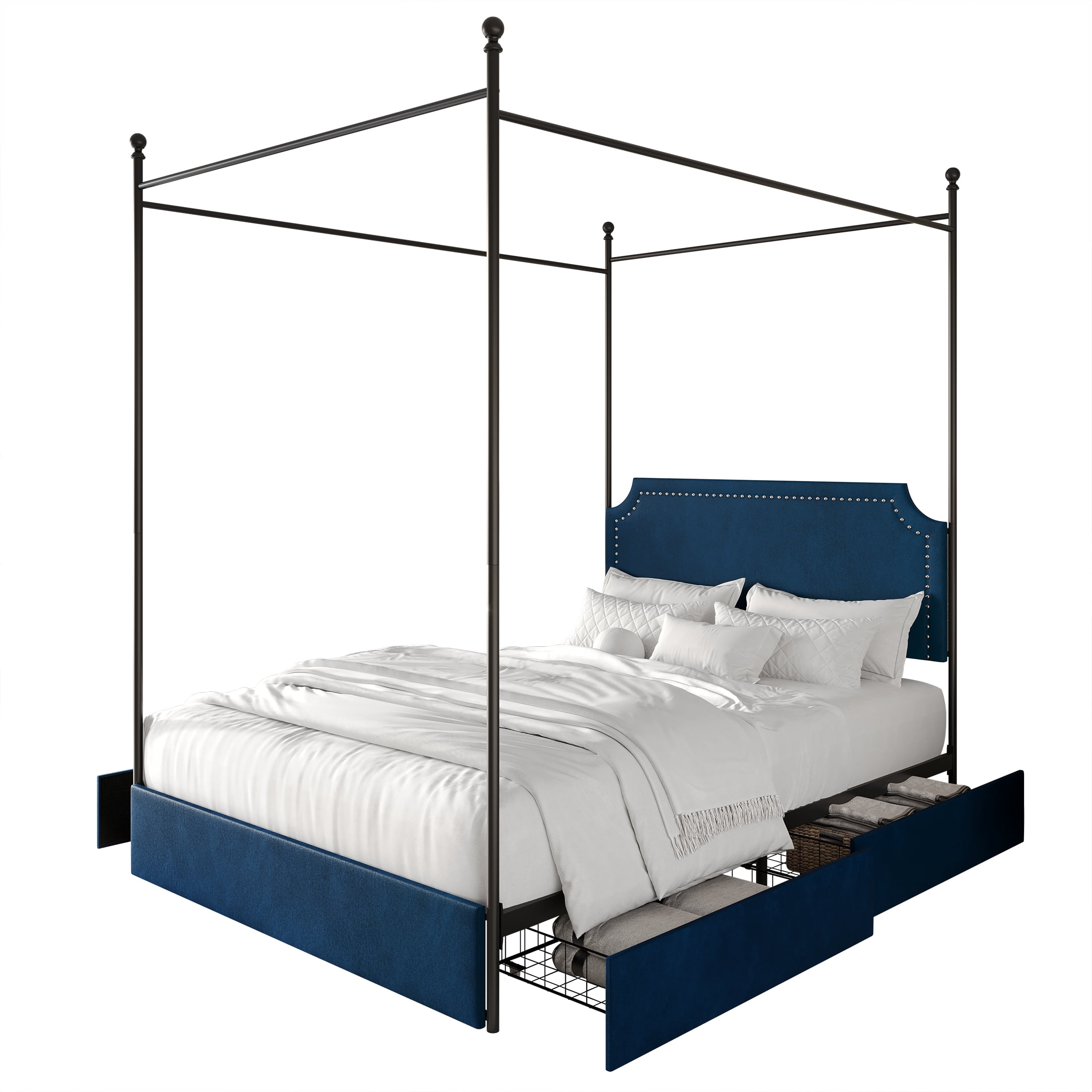 Castle Place Sleek Upholstered Nailhead Trimmed Queen Metal Platform Bed with 4 Storage Drawers, Navy Blue