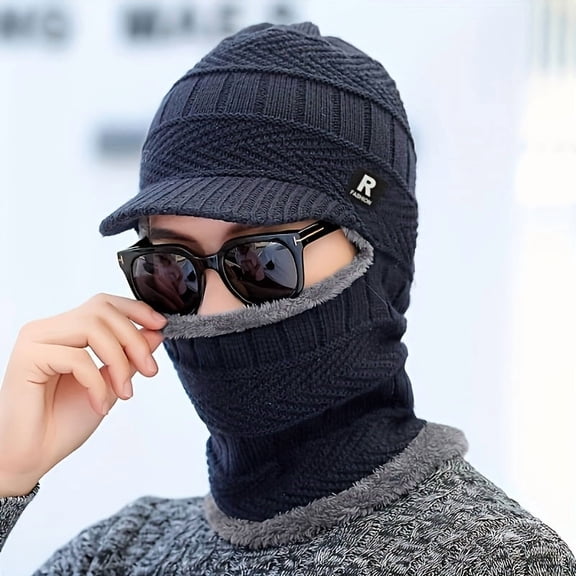 Men's Winter Brimless Beanie with Integrated Neck Warmer and Fleece Lining, Polyester Fiber, Fashionable Style, Hand Wash or Dry Clean, Fashionable Personality Style