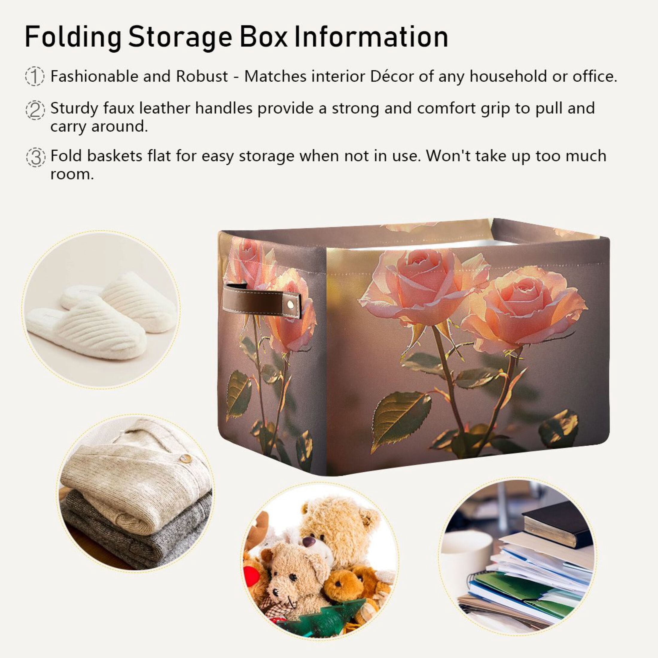 Two Pink Roses Foldable Storage Basket,Canvas Fabric Foldable Storage Bins with Handles Open Home Storage Bins Boxes for Toy Book Shelf Closet Baskets