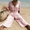 thumbnail image 6 of Wide Leg Pants Women's Fashion Solid V-Neck Short Sleeve Beach Vacation Pockets Button Long Jumpsuit Pink S, 6 of 6