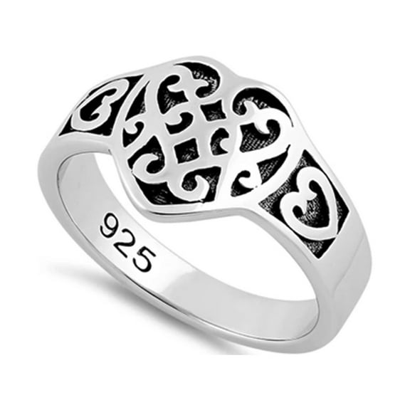 925 Sterling Silver Oxidized Platinum Plated Exotic Heart Mother's Day Gift Ring