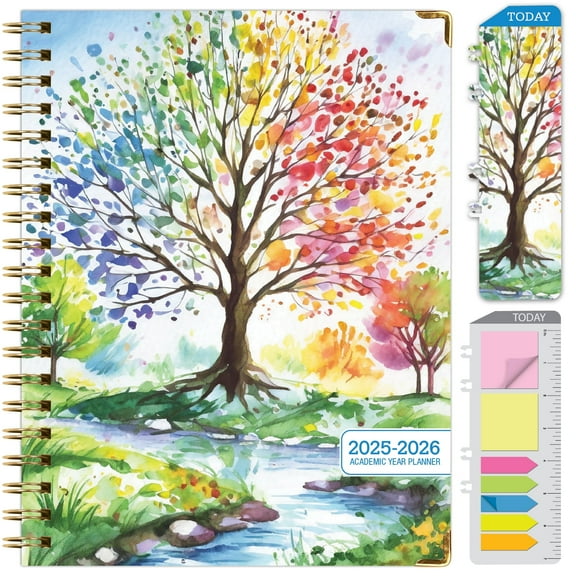 Academic Year 2025-2026 Planner, June 2025 - July 2026, 8.5"x11" Daily Weekly Monthly Planner Yearly Agenda, Hardcover, Bookmark, Pocket Folder and Sticky Note Set (Tree Seasons)