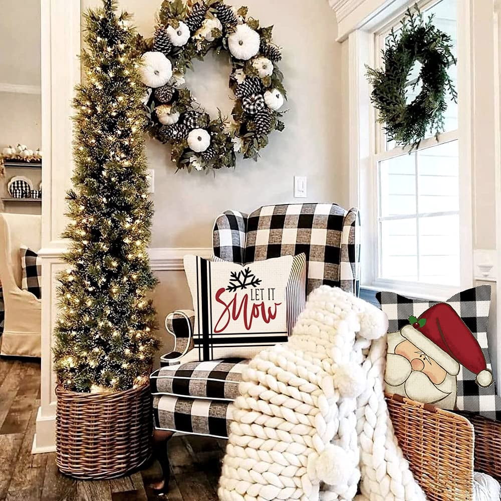 Christmas Decorative Pillow Covers 18 x 18 Inch Set of 4, Buffalo Plaid Santa Claus Snowman Let it Snow Holiday Farmhouse Cushion Cases Xmas Decoration for Home Party Sofa Couch GA436-18