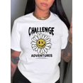 thumbnail image 1 of Graffiti Daisy & Letter Print Comfy T-Shirt, Round Neck Short Sleeve Sports Tee, Women's Activewear, 1 of 6