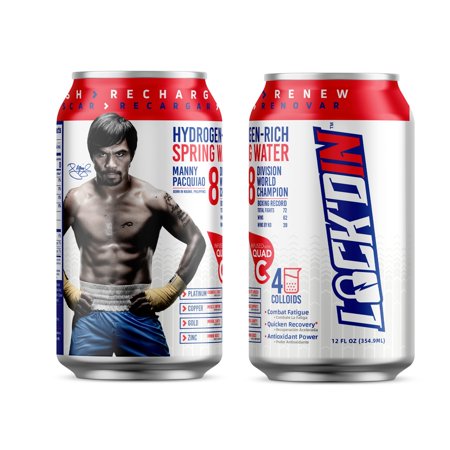 LOCK'DIN Hydrogen Infused Water for Workout Recovery, Natural Purified Water, Molecular Hydrogen Enriched Water Infused with Quad-C Colloidal Mineral Complex, 12 Oz, 12 Pack, Unflavored Manny Pacquiao