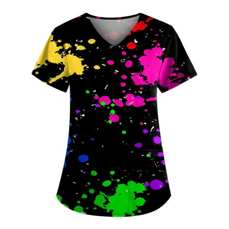 

TKing Fashion Women Plus Size Scrubs Top V-Neck Short Sleeve Printed Pockets Work Blouse for Women Black L