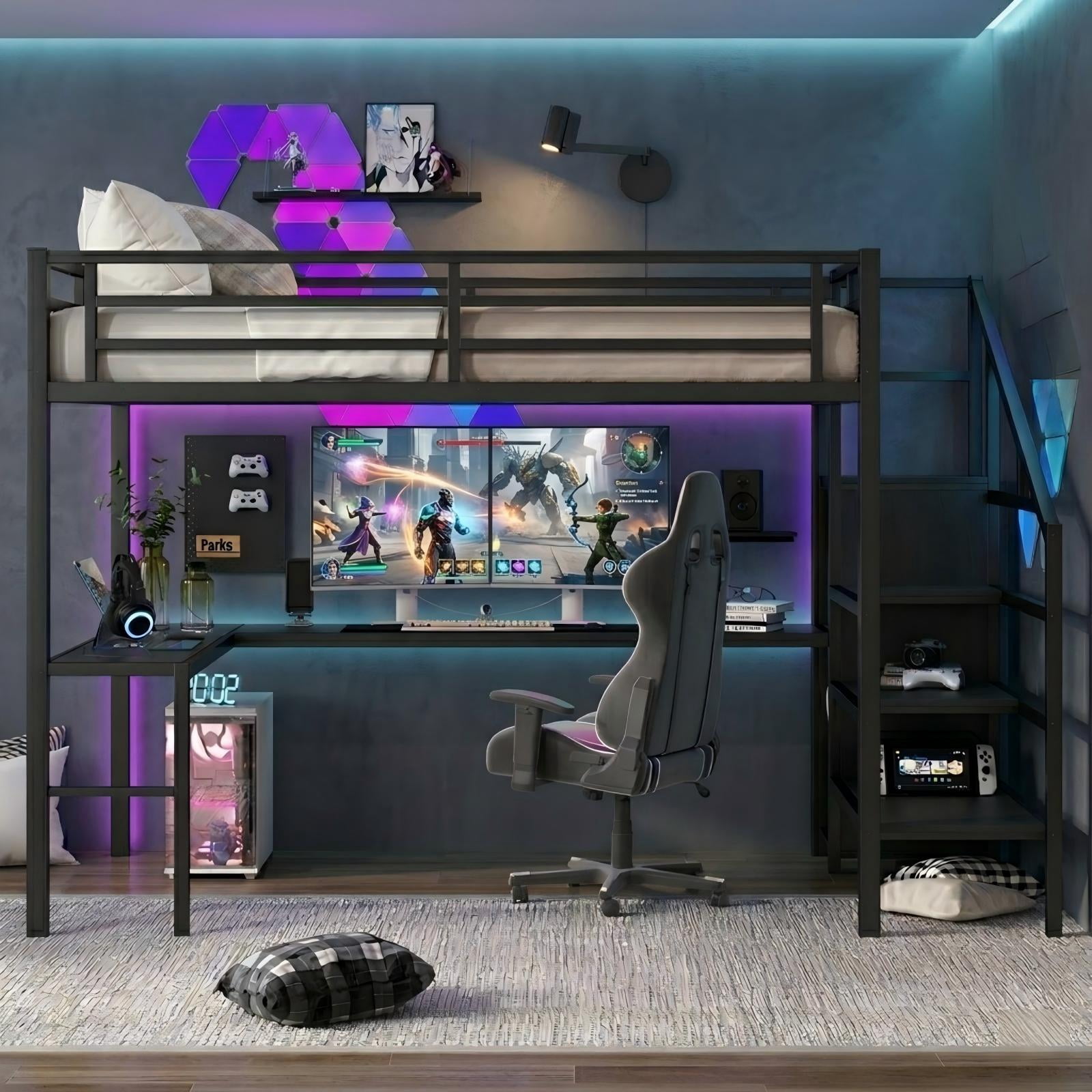 Aukfa Queen Size Loft Bed with L-Shaped Gaming Desk, Wardrobe, USB Ports & RGB Lights, Metal Loft Bed for Kids, Teens & Adults, Black