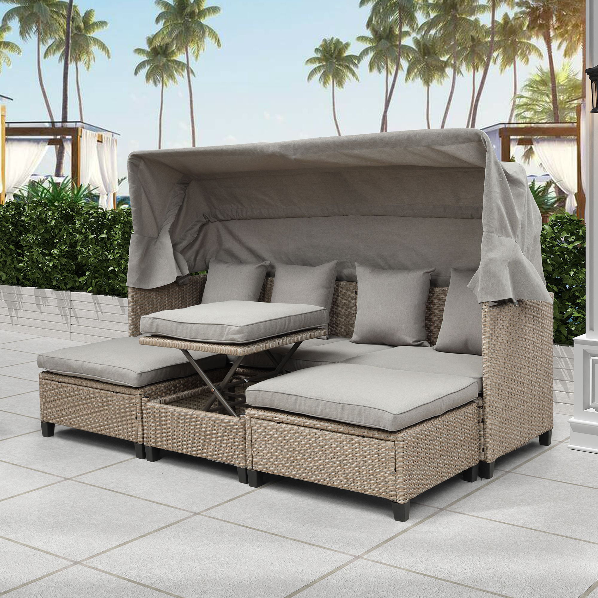 Patio Outdoor Sun Lounger Bed Rattan Wicker Brown Day Bed Sofa Garden US Stock N 