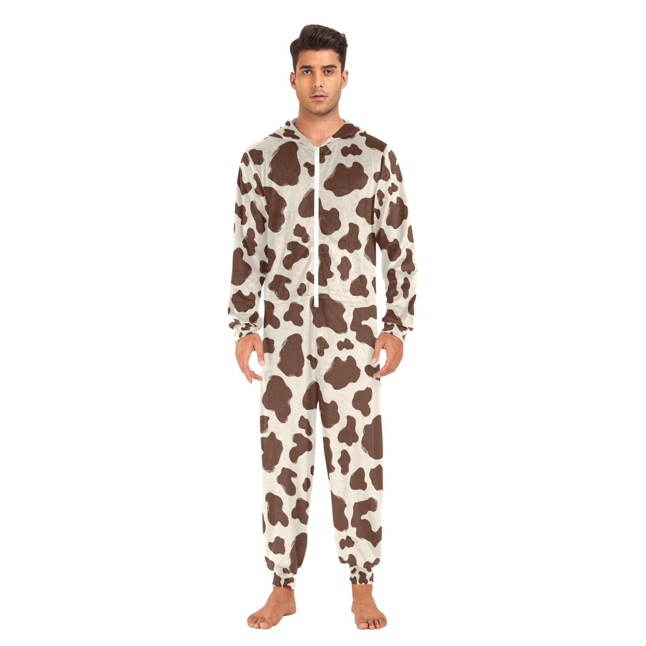 Adult Christmas Onesie Brown and White Cow Print Spots Adult Zipper One-Piece Pajamas Unisex Pajamas with Pockets