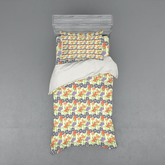 Ambesonne Floral Bedding Set 3 Pcs, Doodle Style Summer Flowers, Twin, Multicolor