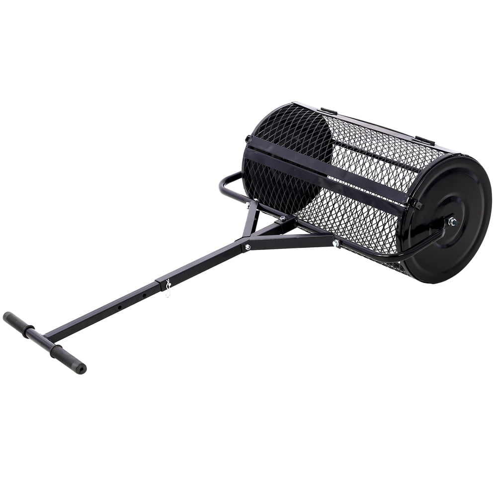 24 Inch Peat Moss Spreader, Black Metal Mesh Compost Spreader with T‑Shaped Handle, Heavy Duty Lawn & Garden Manure Roller