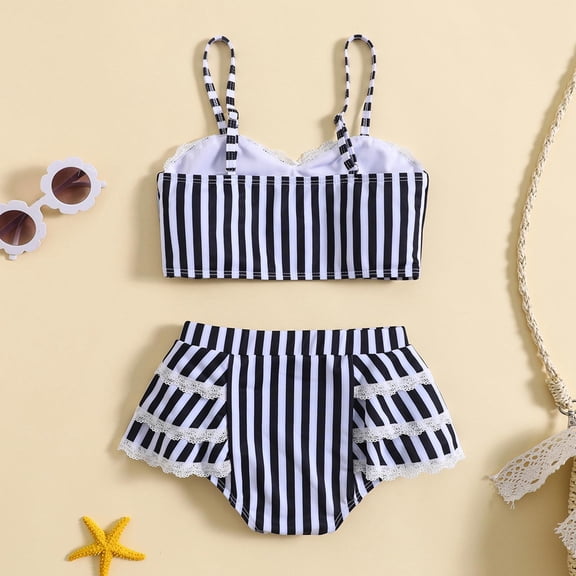 Vedolay Swimsuit for Girls Summer 2 Piece High Waisted Ruffle Smocked Swimsuit Bathing Suit Bikini Sets,Black 12-18 Months