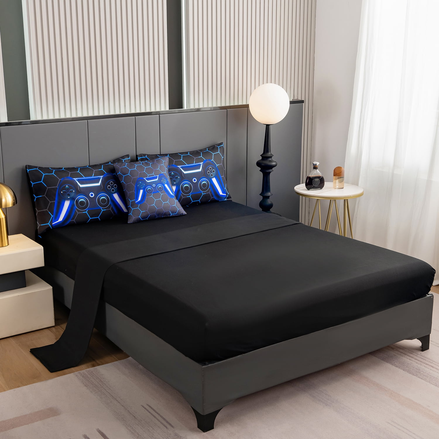 RYNGHIPY Blue Game Controller Bed in a Bag Comforter Set Queen Size for Boys Kids Teens Girls 6Pcs Video Game Buttons Bedding Set for Gamer Room Decor (Blue, Queen)