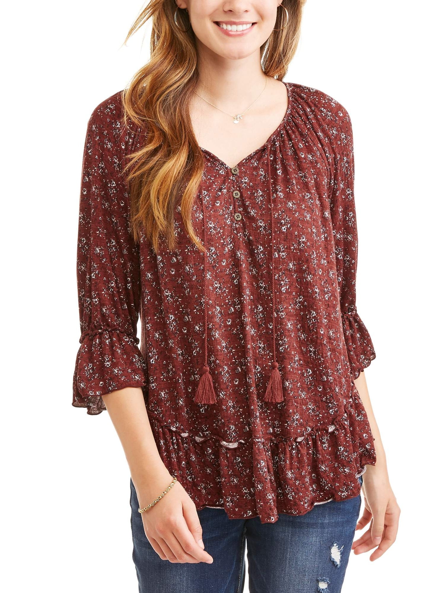 Faded Glory Women's Long Sleeve Allover Print Front Tie Peasant Top